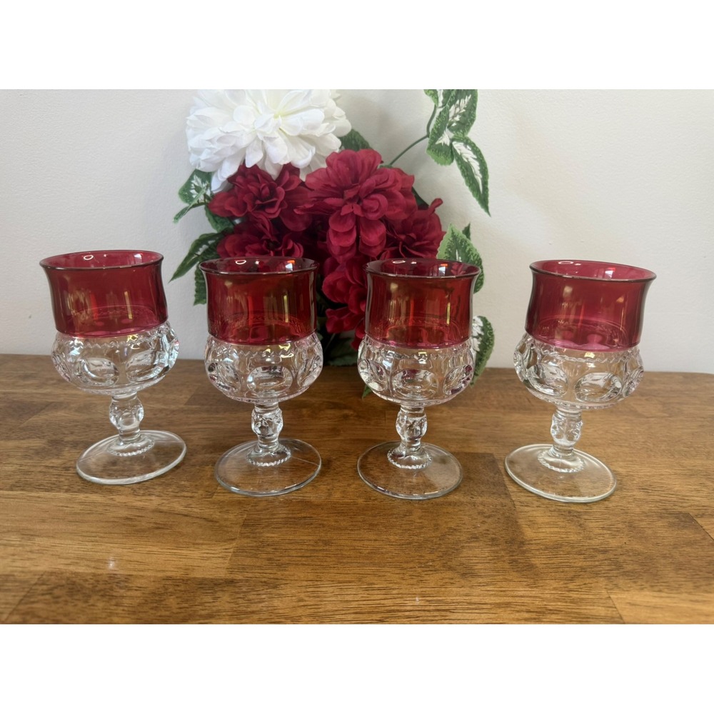 Vintage Ruby Flash‎ Kings Crown Thumbprint Goblets Holiday Barware MCM Christmas